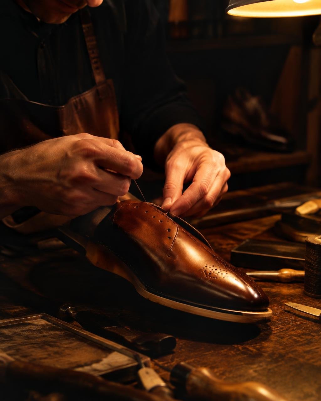 Craftsman stitching a leather shoe