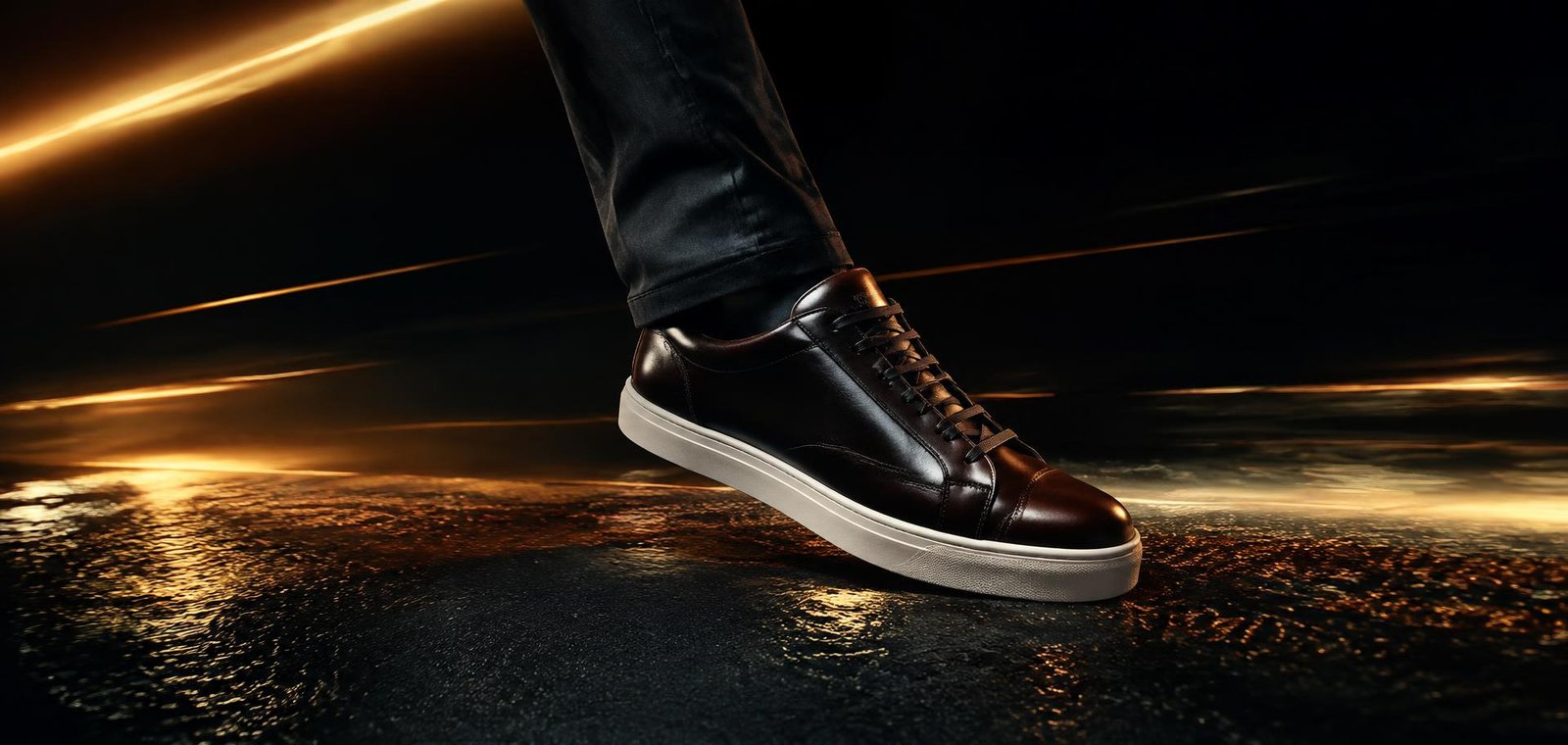 Leather sneaker mid-stride